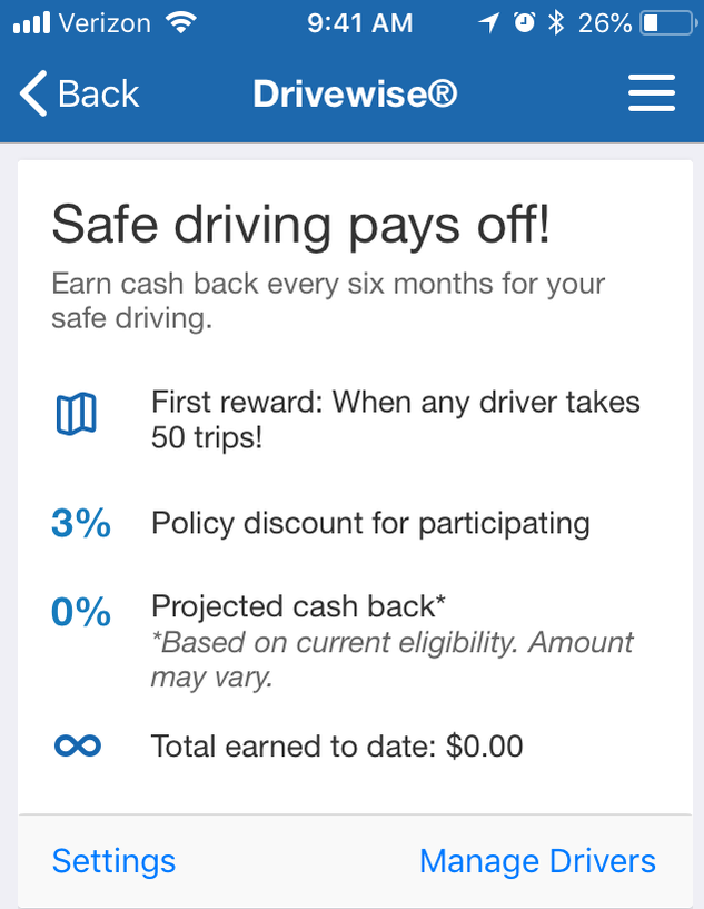Drivewise Screenshot 0% cash back message