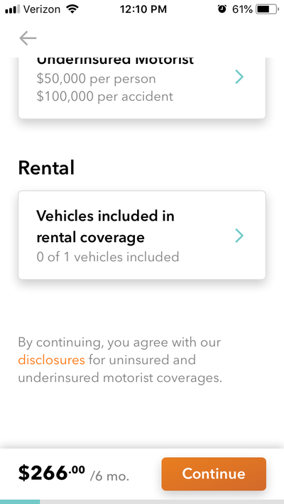 Screenshot of Root policy for Allstate Comparison, shows rental coverage