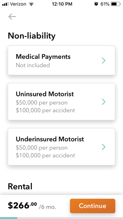 Screenshot of Root policy for Allstate Comparison, shows non-liability coverage