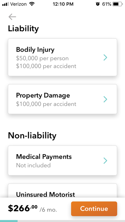 Screenshot of Root policy for Allstate Comparison, shows liability coverage